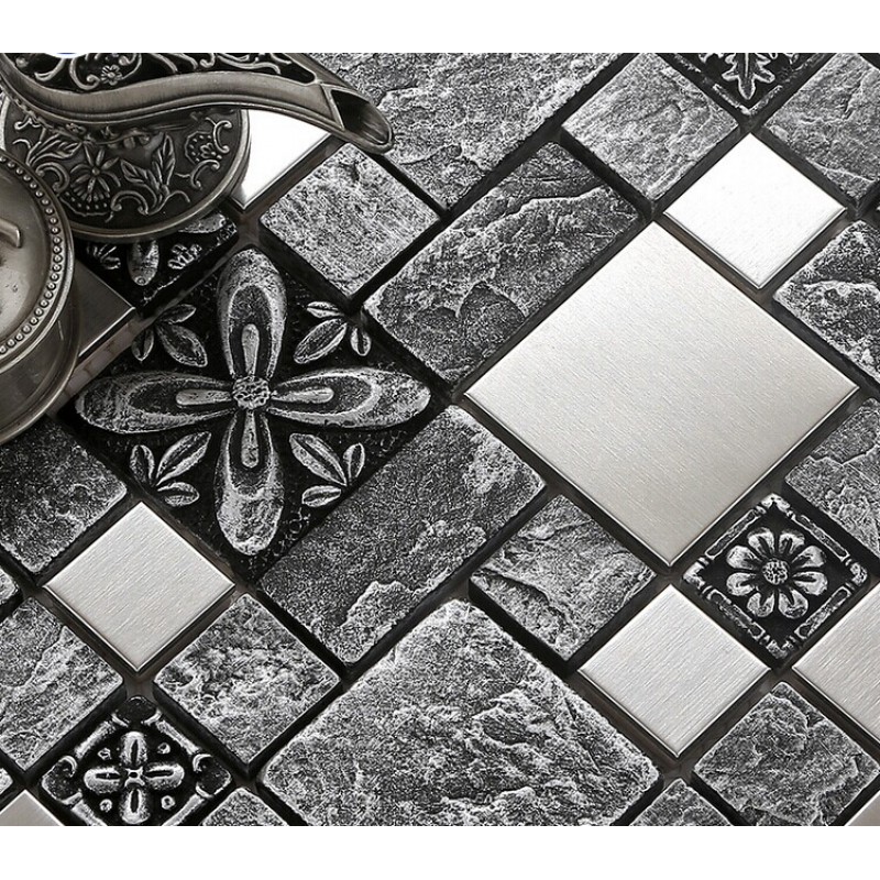 Brushed Stainless Steel Backsplash Mosaic Tile Designs Black Ceramic