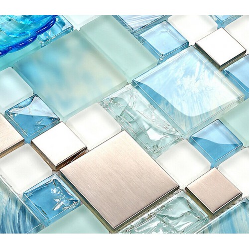 Blue Glass Mosaic Sheets Stainless Steel Backsplash