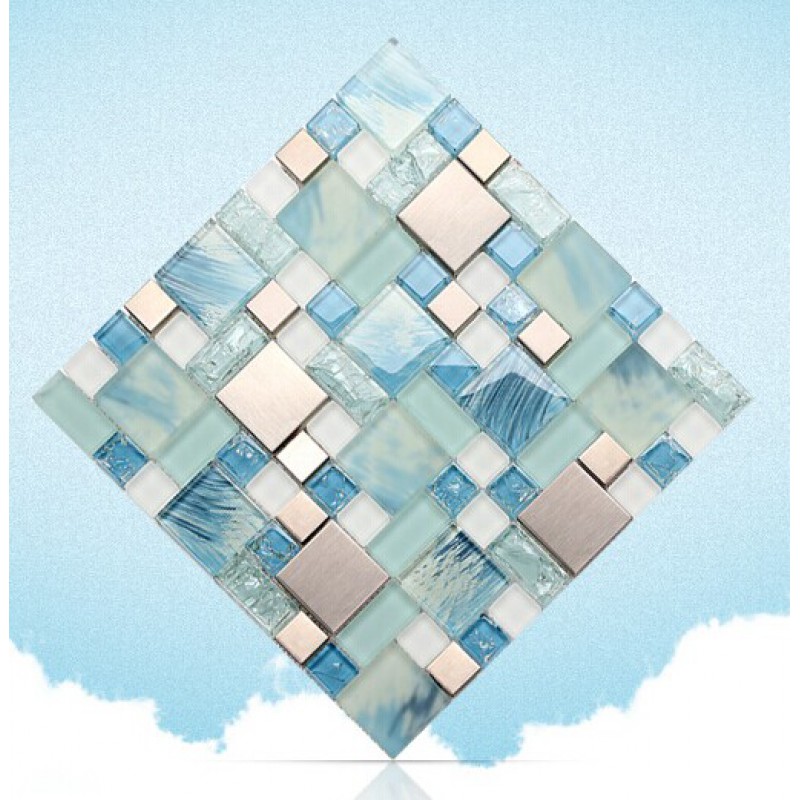 Blue Glass Mosaic Sheets Stainless Steel Backsplash Crackle Crystal Glass Tiles