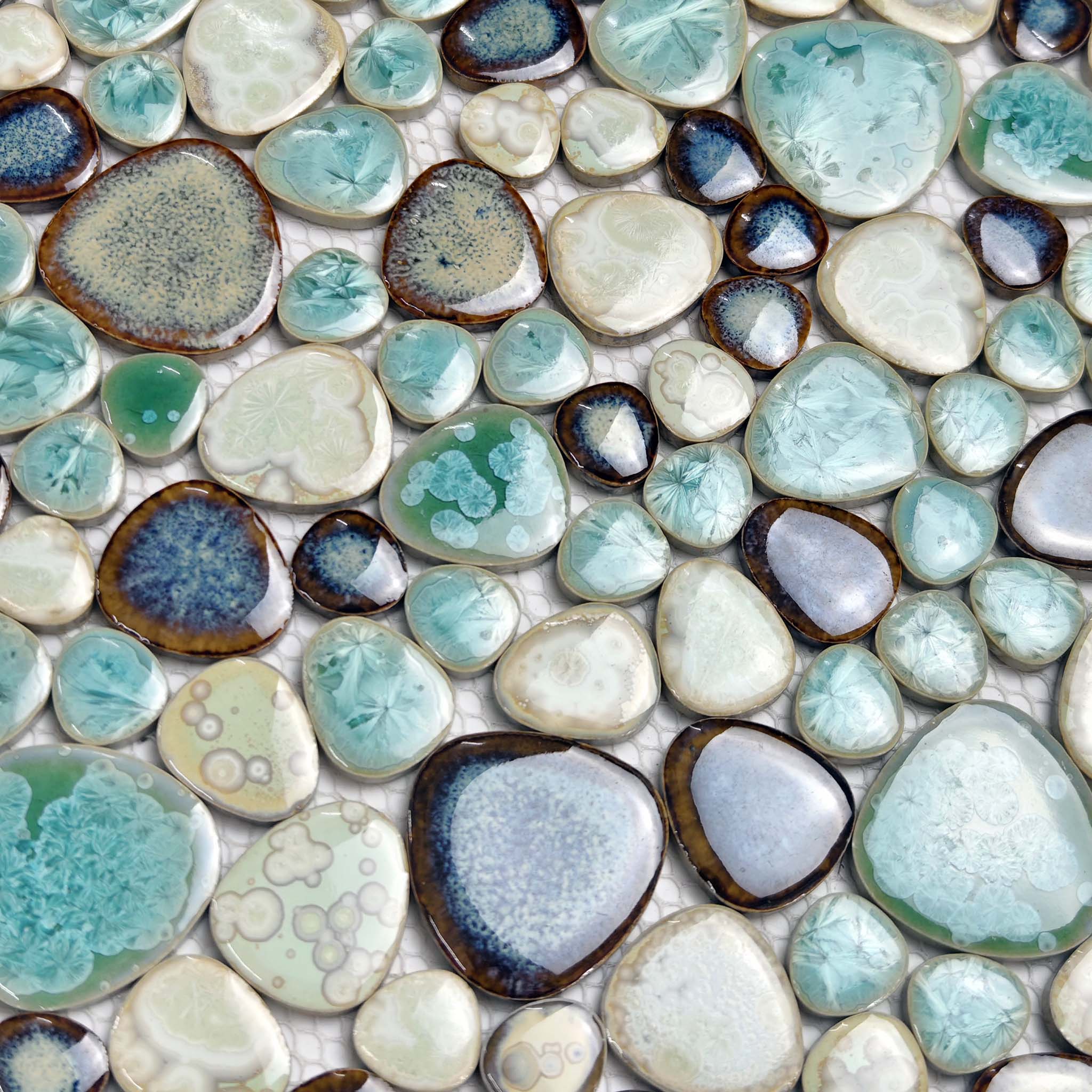 Ocean Breeze Ceramic Pebble Mosaic Tile Aqua Teal Pearl Glazed Backsplash Shower Decor