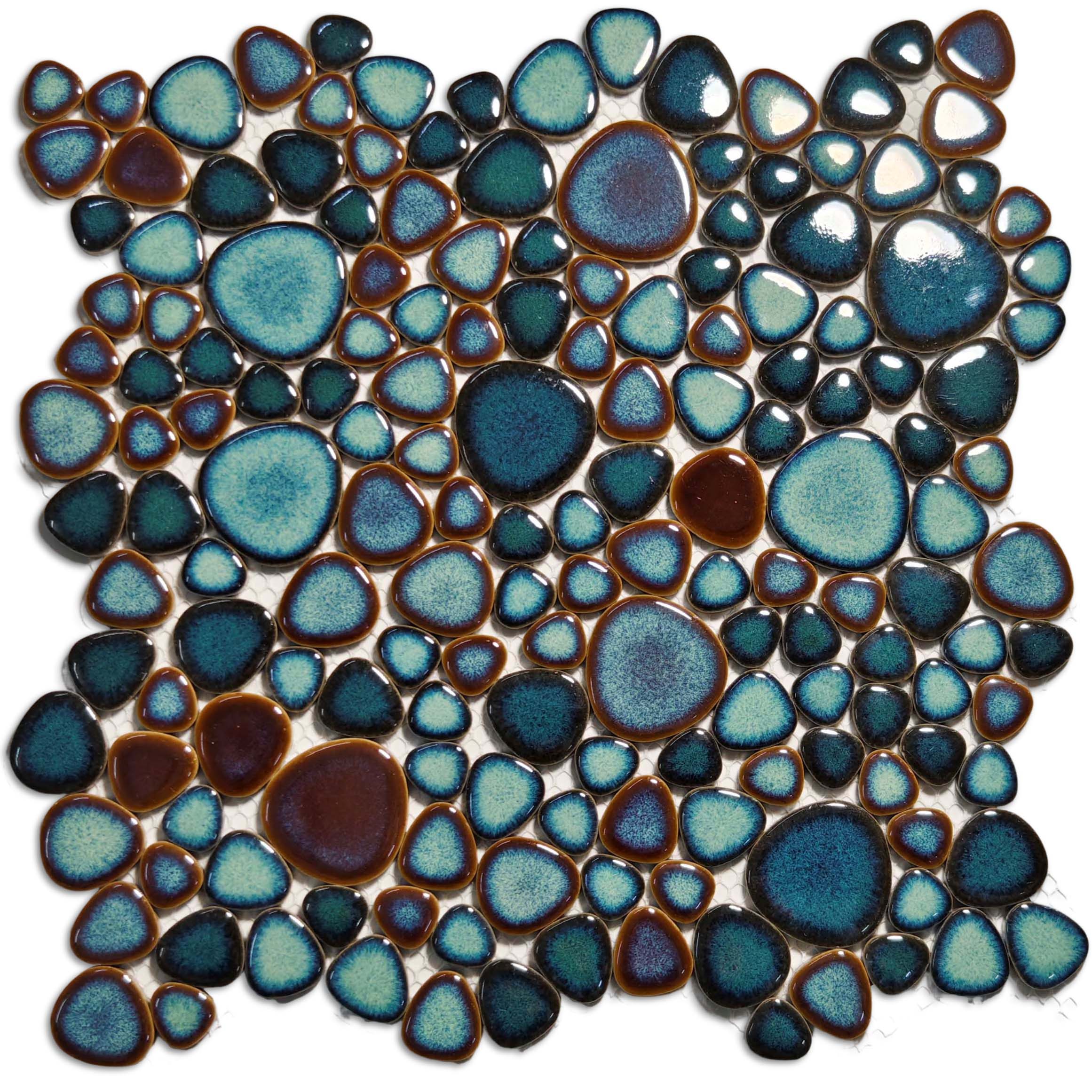 Ocean Drift Ceramic Pebble Mosaic Tile Blue & Teal Glazed for Backsplash Bathroom