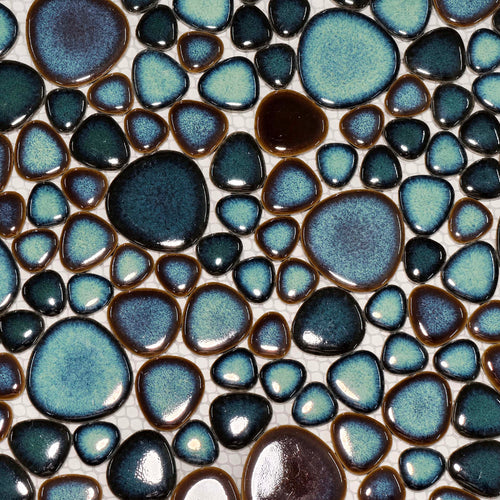Ocean Drift Ceramic Pebble Mosaic Tile Blue & Teal Glazed for Backsplash Bathroom