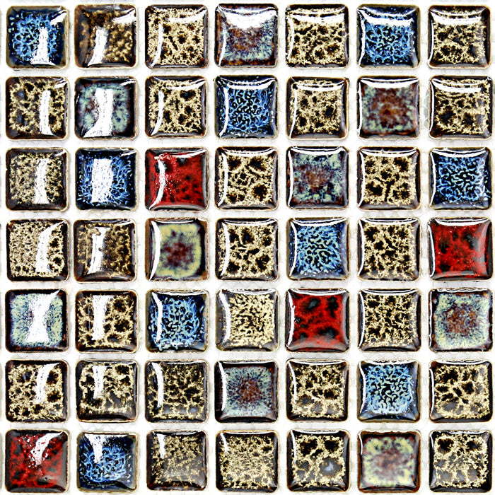 Rustic Glazed Ceramic Mosaic Tile Multicolor Square Bathroom Accent Tile Sheet