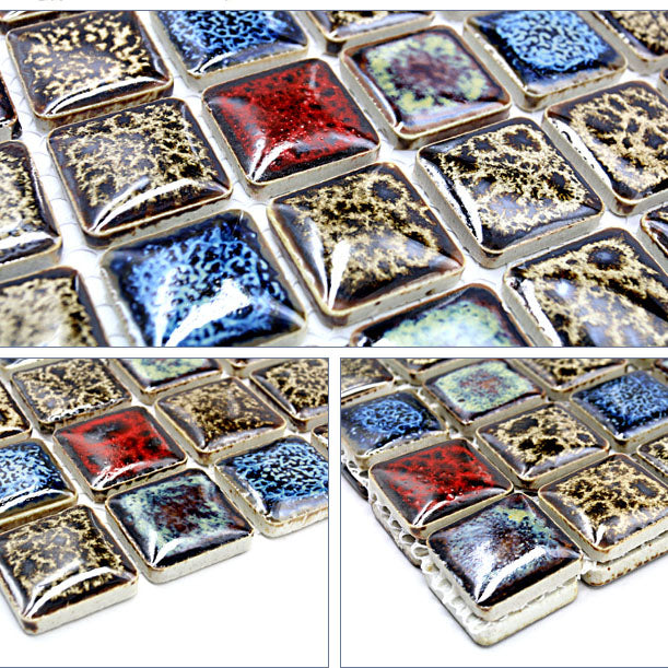 Rustic Glazed Ceramic Mosaic Tile Multicolor Square Bathroom Accent Tile Sheet