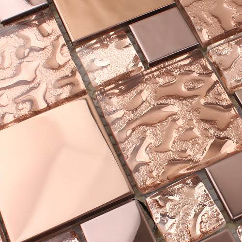Rose Gold Glass and Metal Mosaic Tile Glossy Textured Backsplash Bathroom Accent Wall