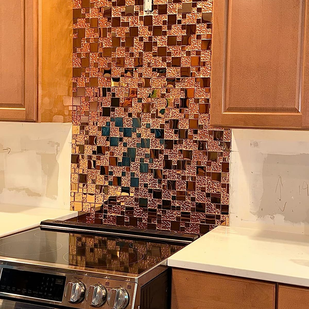 Rose Gold Glass and Metal Mosaic Tile Glossy Textured Backsplash Bathroom Accent Wall