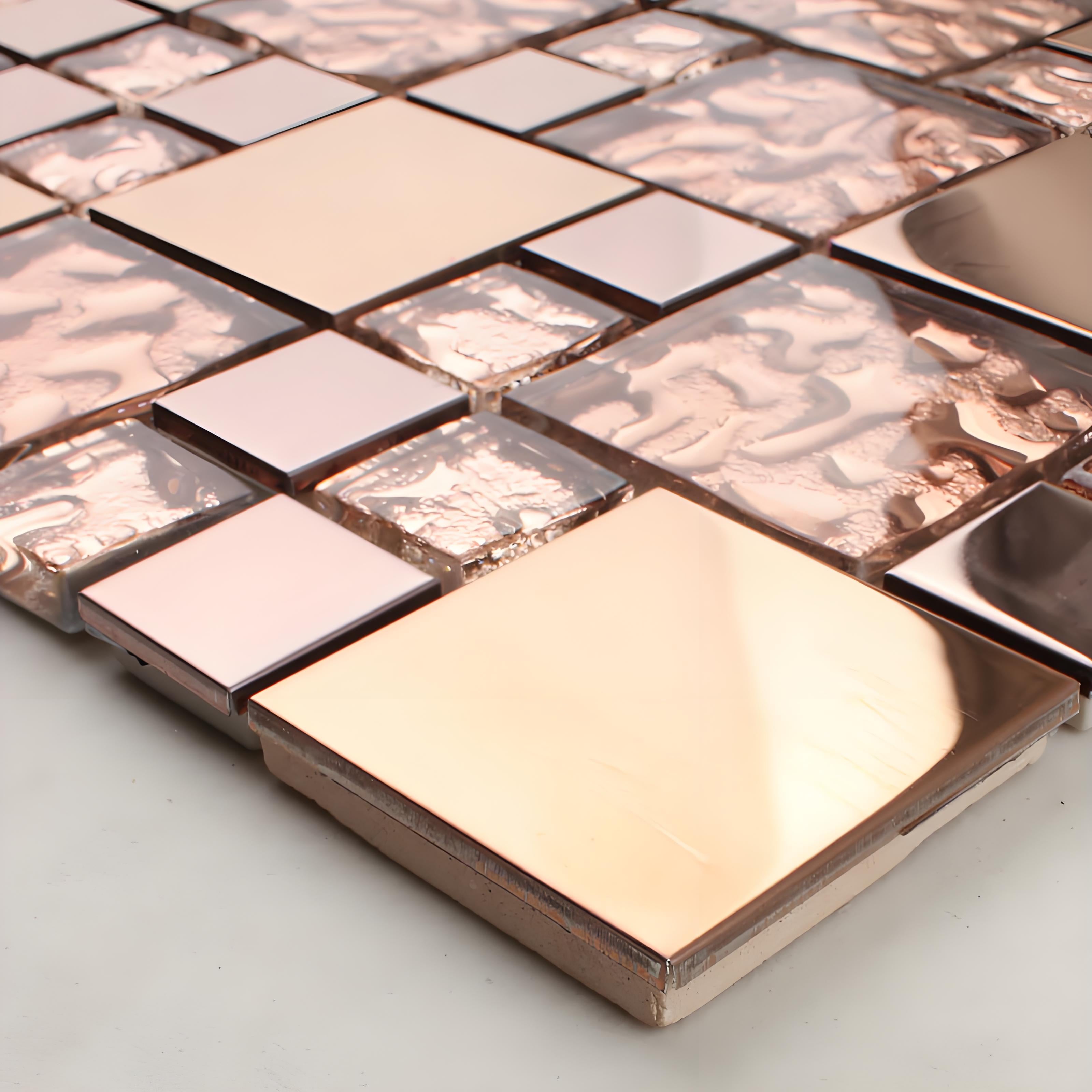 Rose Gold Glass and Metal Mosaic Tile Glossy Textured Backsplash Bathroom Accent Wall