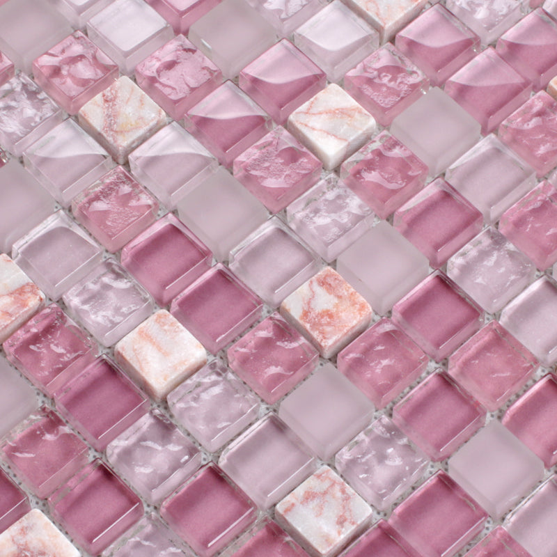Blush Pink Purple Glass Square Mosaic Tile Polished Mixed Stone Wall and Backsplash