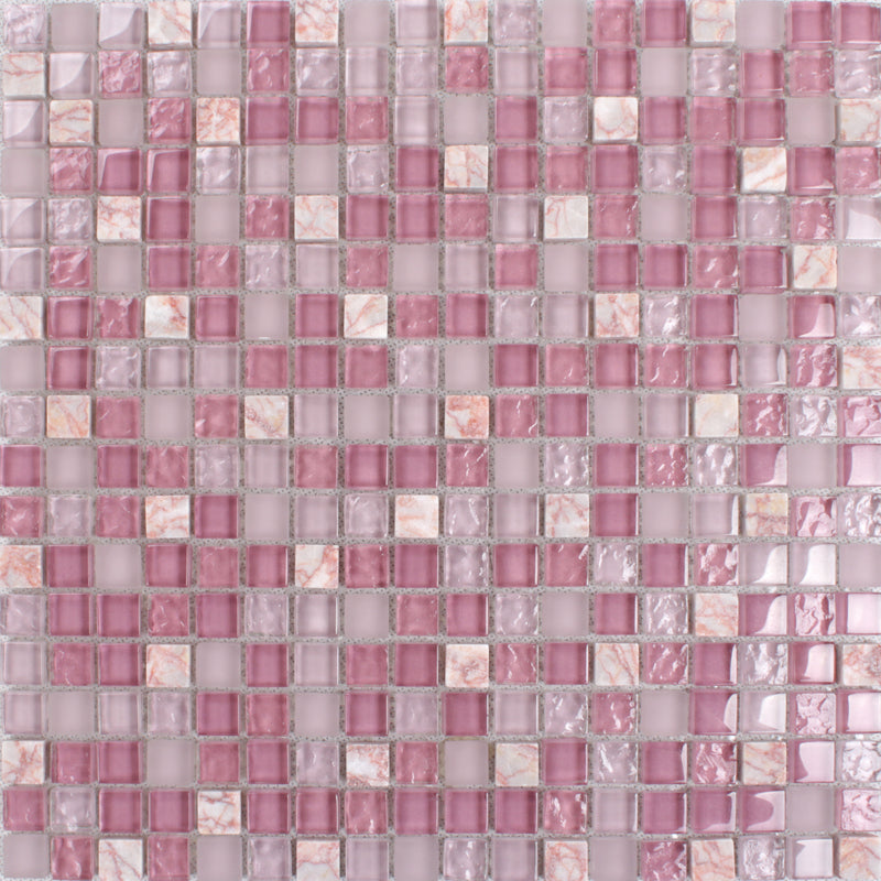 Blush Pink Purple Glass Square Mosaic Tile Polished Mixed Stone Wall and Backsplash
