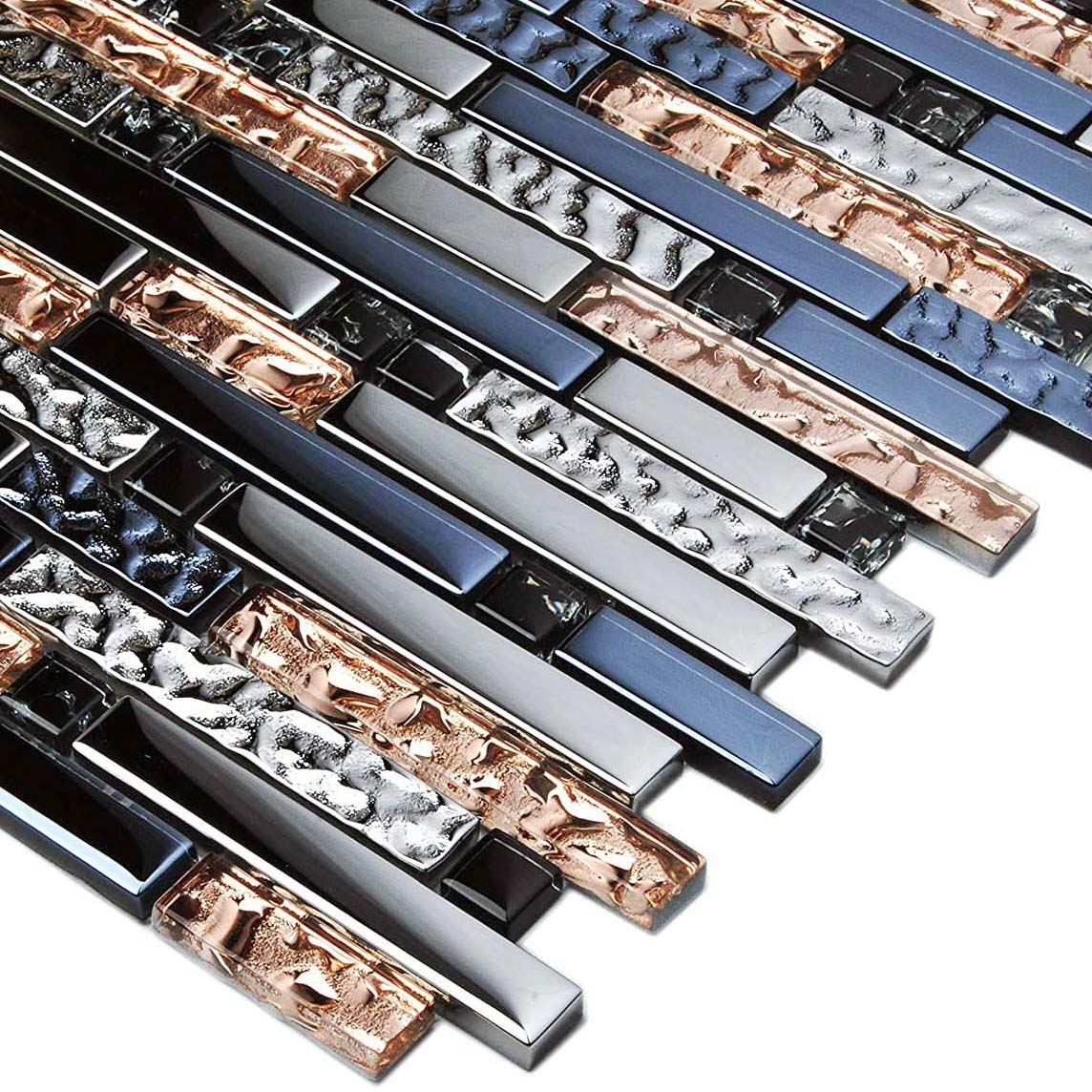 Modern Linear Glass Mosaic Tile Ink Blue, Silver & Rose Gold Metallic Accent Wall Decor