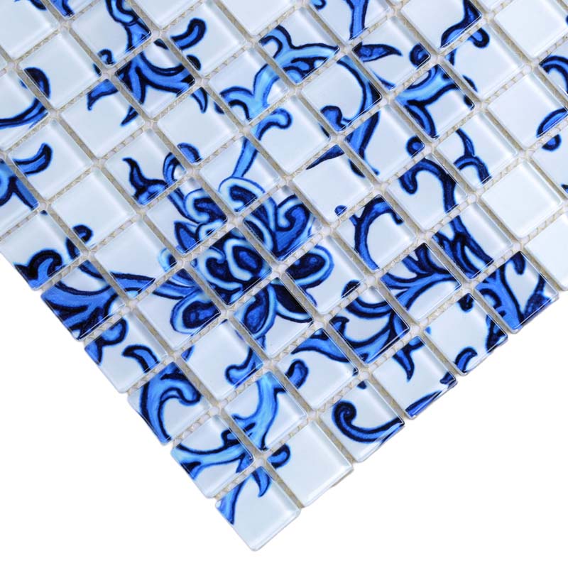 Blue & White Floral Glass Mosaic Tile Decorative Backsplash & Accent Wall Bathroom Tile
