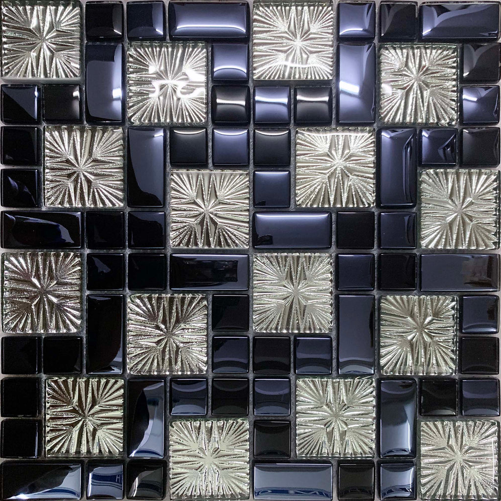 Black Silver Textured Glass Mosaic Tile Modern Geometric Wall and Back ...