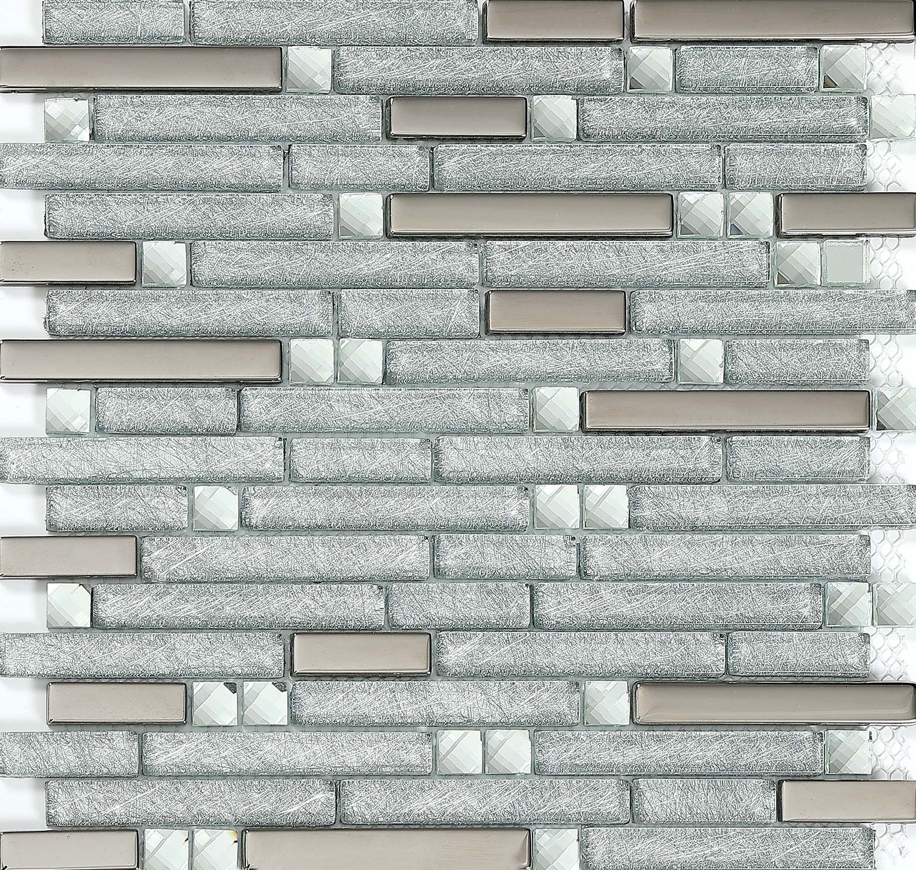 Silver Linear Glass Mosaic Tile Shiny Metallic Accent Modern Interlocking Wall Backsplash