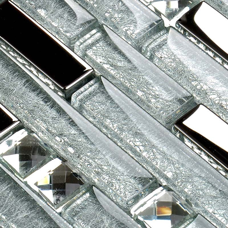 Silver Linear Glass Mosaic Tile Shiny Metallic Accent Modern Interlocking Wall Backsplash