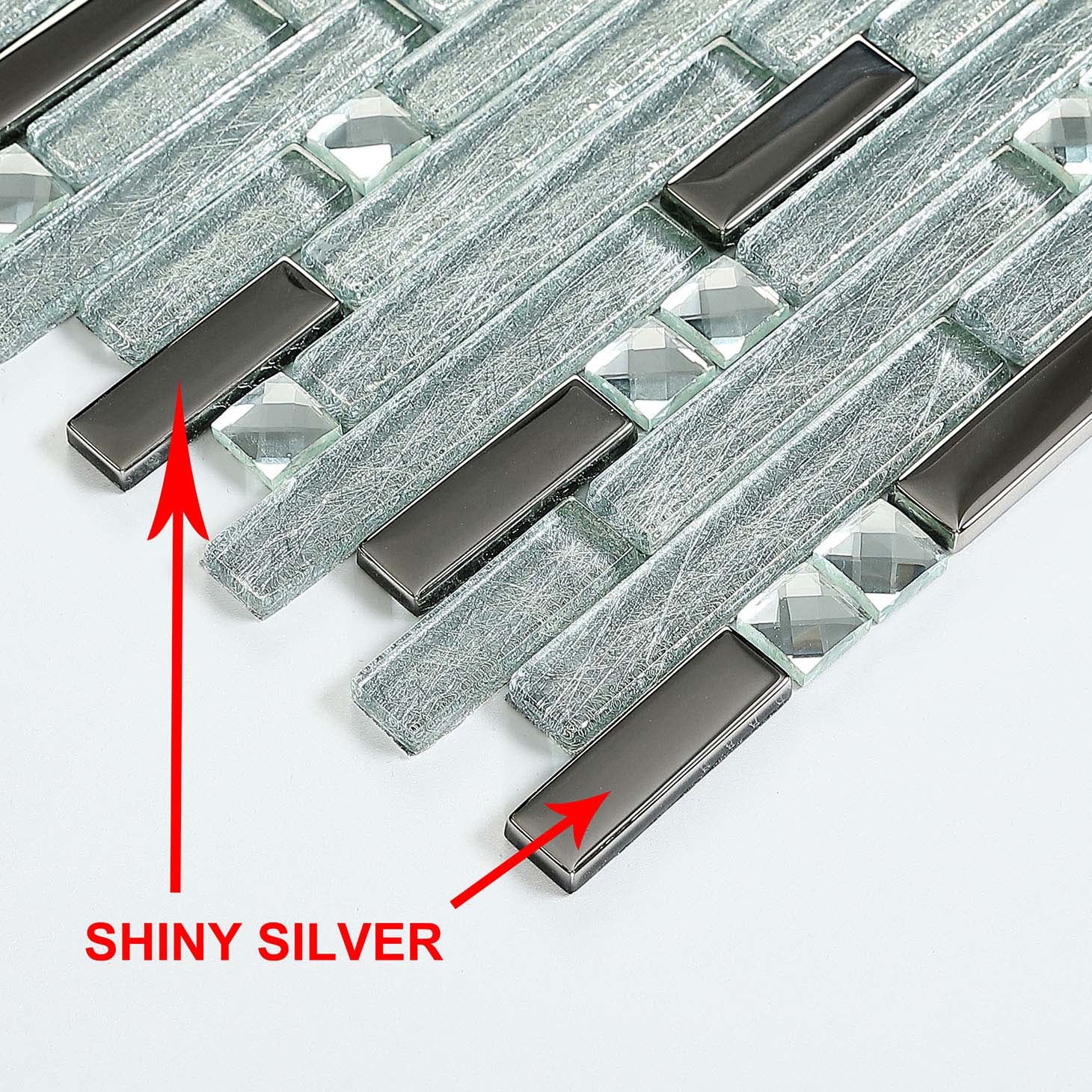 Silver Linear Glass Mosaic Tile Shiny Metallic Accent Modern Interlocking Wall Backsplash