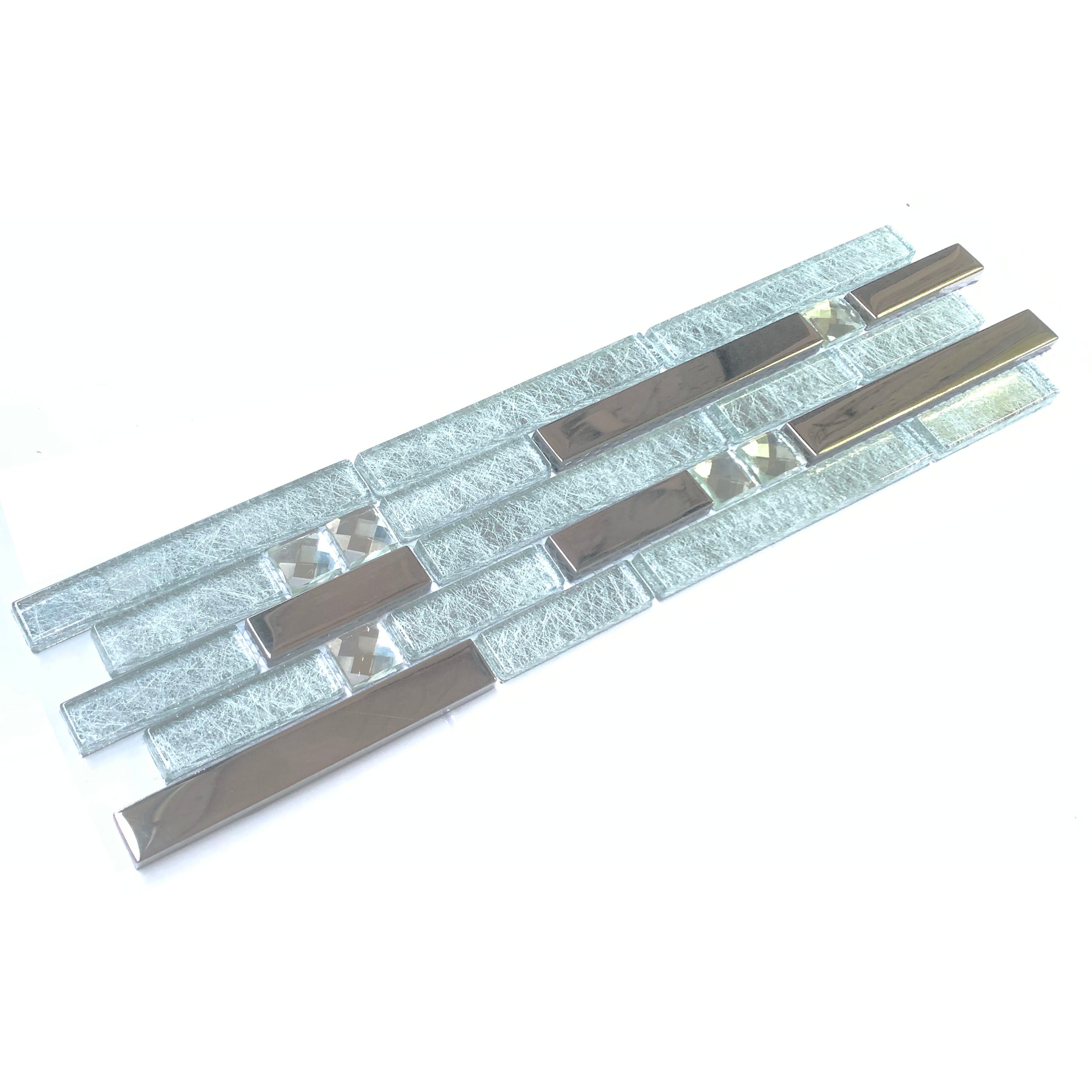Silver Linear Glass Mosaic Tile Shiny Metallic Accent Modern Interlocking Wall Backsplash