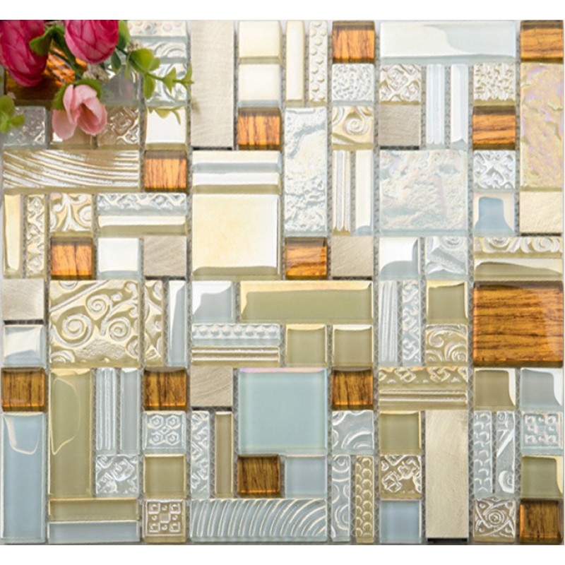 White Crystal Glass Mosaic Tile Glass Tile Gold 304 Stainless Steel