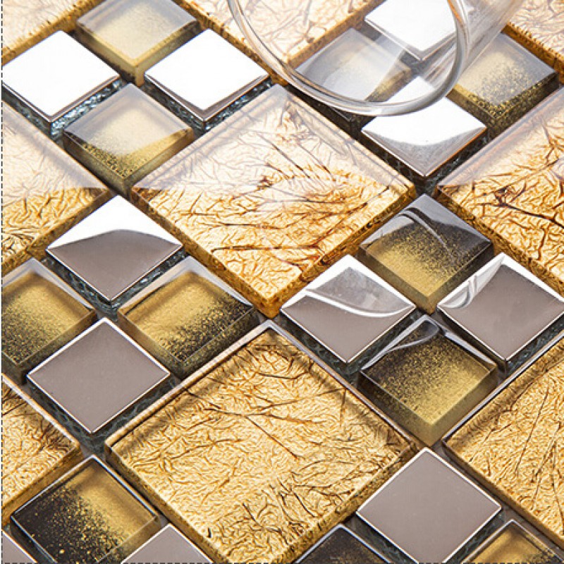Gold Crystal Glass Tile Backsplash For Tv Background Wall Decor Silver Plated Glass Mosaic Tiles