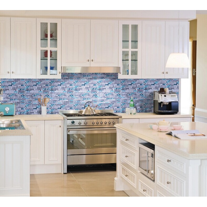 Blue glass stone mosaic wall tiles gray marble tile kitchen backsplash ...
